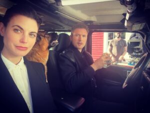 Meghan Ory Instagram - This is the only way I can track down my super busy hubby @johnny_reardon_ —job crash😂 Work wife #diesel and wife wife on #hudsonandrex @hudsonandrex