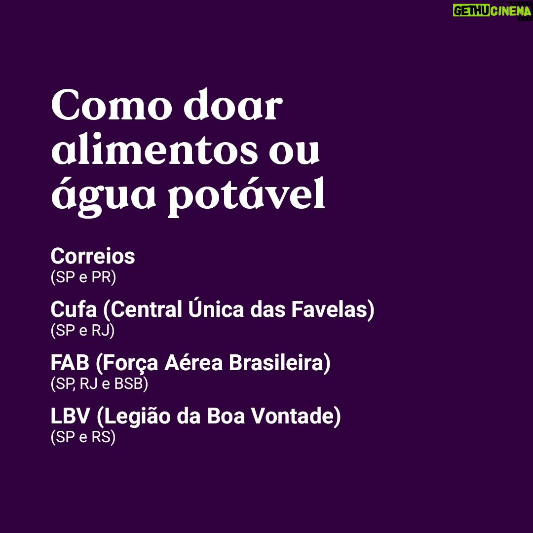 Mel Lisboa Instagram - #Repost @gamarevista --- O Rio Grande do Sul precisa da sua solidariedade. Até a manhã desta segunda-feira (6), 83 mortes haviam sido confirmadas pela Defesa Civil em decorrência das fortes chuvas que atingiram a região ao longo da última semana. Além das vítimas fatais, somam-se 111 desaparecidos e 291 feridos. Do total de 497 municípios do estado gaúcho, 364 foram afetados pelas enchentes. Já são mais de 129.279 desalojados e 20.070 desabrigados, instalados em alojamentos cedidos pelo poder público. Diante da possibilidade de aumento desses números nos próximos dias, nesta que é a maior tragédia climática da história do Rio Grande do Sul, uma série de iniciativas de apoio às vítimas foram levantadas dentro e fora do estado. Agências dos @correiosoficial de São Paulo e do Paraná recebem doações de alimentos não perecíveis da cesta básica, produtos de higiene pessoal e itens de vestuário. A @cufabrasil recebe doações de roupas, alimentos, itens de higiene pessoal, calçados e cobertores nos endereços da Grande São Paulo, Rio de Janeiro, Rio Grande do Sul e da Baixada Santista, além de doações em dinheiro. O clube @gremio recebe itens de higiene como sabonete, álcool, pasta e escova de dente, absorventes, entre outros, em seu antigo estádio, o Olímpico. A @lbvbrasil recolhe doações de produtos de limpeza, itens de higiene pessoal em suas unidades em São Paulo e no Rio Grande do Sul. Postos do @poupatemposp em todo o estado de São Paulo também recebem donativos para as vítimas das enchentes. Doações em dinheiro podem ser feitas via pix disponibilizados pelos perfis: @governo_rs, @cufabrasil, @acaodacidadania, @prefpoa e @rededebancosdealimentosrs. Você conhece alguma outra forma de ajudar? Compartilhe conosco nos comentários. #gamarevista #solidariedade #riograndedosul