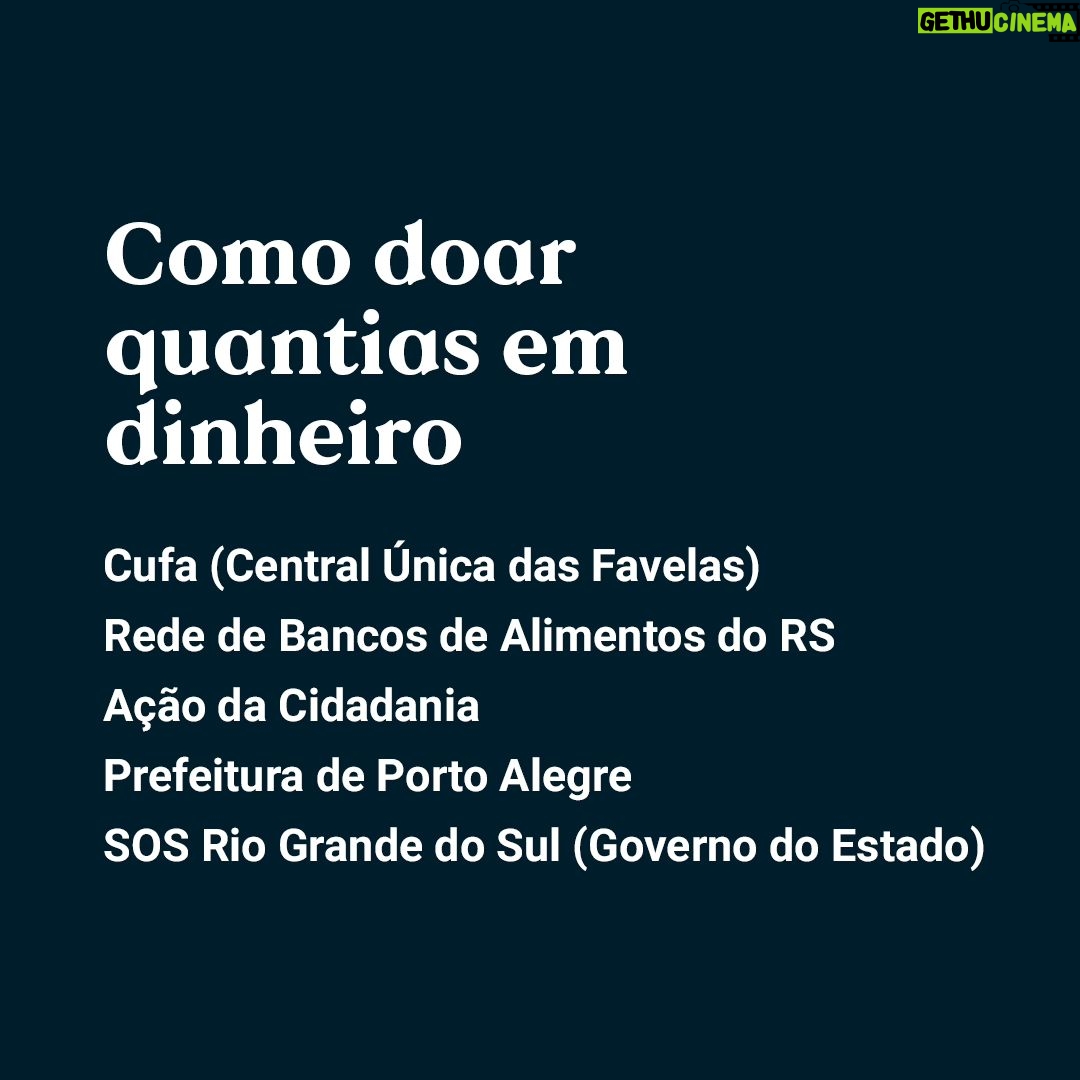 Mel Lisboa Instagram - #Repost @gamarevista --- O Rio Grande do Sul precisa da sua solidariedade. Até a manhã desta segunda-feira (6), 83 mortes haviam sido confirmadas pela Defesa Civil em decorrência das fortes chuvas que atingiram a região ao longo da última semana. Além das vítimas fatais, somam-se 111 desaparecidos e 291 feridos. Do total de 497 municípios do estado gaúcho, 364 foram afetados pelas enchentes. Já são mais de 129.279 desalojados e 20.070 desabrigados, instalados em alojamentos cedidos pelo poder público. Diante da possibilidade de aumento desses números nos próximos dias, nesta que é a maior tragédia climática da história do Rio Grande do Sul, uma série de iniciativas de apoio às vítimas foram levantadas dentro e fora do estado. Agências dos @correiosoficial de São Paulo e do Paraná recebem doações de alimentos não perecíveis da cesta básica, produtos de higiene pessoal e itens de vestuário. A @cufabrasil recebe doações de roupas, alimentos, itens de higiene pessoal, calçados e cobertores nos endereços da Grande São Paulo, Rio de Janeiro, Rio Grande do Sul e da Baixada Santista, além de doações em dinheiro. O clube @gremio recebe itens de higiene como sabonete, álcool, pasta e escova de dente, absorventes, entre outros, em seu antigo estádio, o Olímpico. A @lbvbrasil recolhe doações de produtos de limpeza, itens de higiene pessoal em suas unidades em São Paulo e no Rio Grande do Sul. Postos do @poupatemposp em todo o estado de São Paulo também recebem donativos para as vítimas das enchentes. Doações em dinheiro podem ser feitas via pix disponibilizados pelos perfis: @governo_rs, @cufabrasil, @acaodacidadania, @prefpoa e @rededebancosdealimentosrs. Você conhece alguma outra forma de ajudar? Compartilhe conosco nos comentários. #gamarevista #solidariedade #riograndedosul