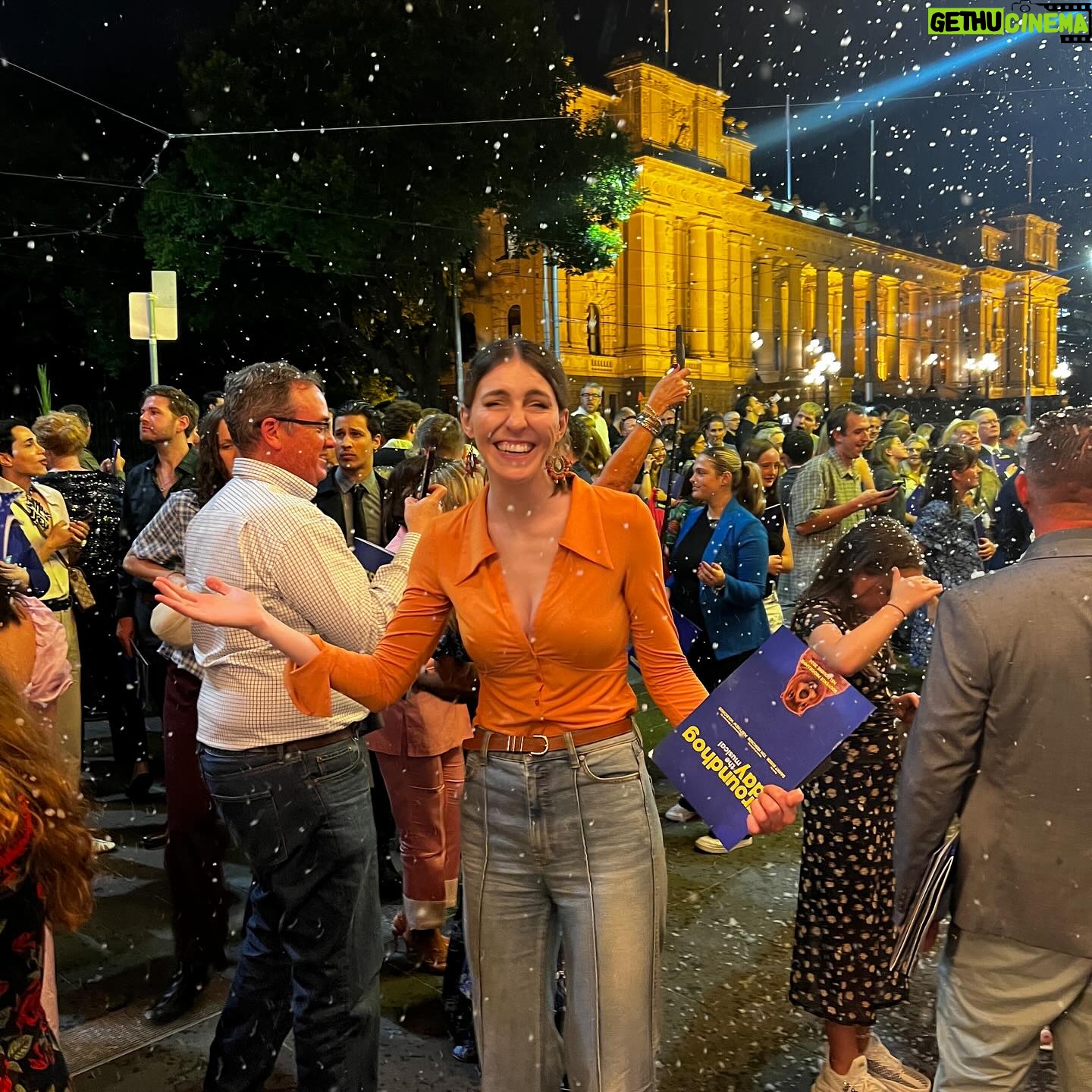 Melanie Bracewell Instagram - They had “snow” falling down after the Groundhog Day premiere in Melbourne last night. I tried to embrace it like the movies but my arms are too long so I just ended up smacking a stranger. P.S the show was excellent ya gotta see it
