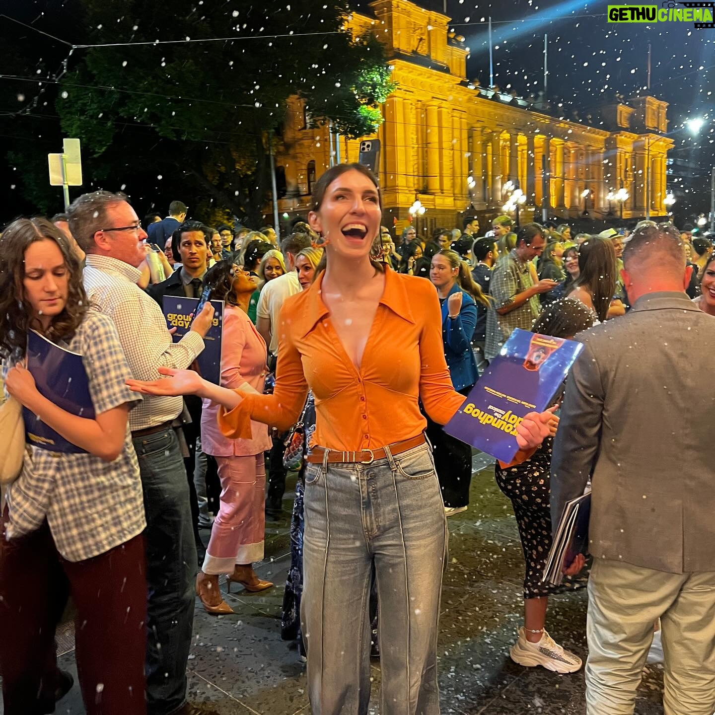 Melanie Bracewell Instagram - They had “snow” falling down after the Groundhog Day premiere in Melbourne last night. I tried to embrace it like the movies but my arms are too long so I just ended up smacking a stranger. P.S the show was excellent ya gotta see it