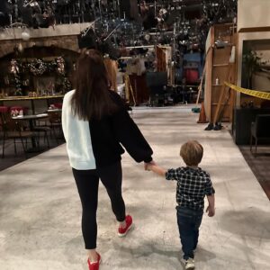 Melissa Claire Egan Instagram - Very surreal to bring my sweet baby boy and first born to work today! (Jake was home sleeping:) Not just cuz it’s so cool and fun to show him where I work. And love to work. But I’m also reminded of the countless shots I had to give myself in my dressing room. IVF needles. Trying not to bleed on my wardrobe. 
Also when I had my first miscarriage, coming to work the next day in this beautiful space I call a second home and rushing to leave by lunch to have a D&C. Not trying to bring up the sad stuff, but I’m just so grateful for my 2 sweet angels and it’s such a reminder to always have hope!!! Here I am with my baby boy. At work. 
Today was a special day❤️
