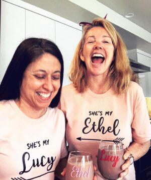 Melody Thomas Scott Instagram - Sixty-four is starting out with a bang! Doug and I are modeling some of my #quarantinegifts! Being #quarantined ain’t bad at all when your best friend is stuck with you! The three of us are on Day 37 and still laughing our way through the confinement. Watched “Ethel’s Birthday” epi of #ilovelucy❤️ and howled as always! Reilly 🐶 is loving having us here 24/7. So am I! #hanginthere #thelightiscoming #enjoythelittlethings #instagraMELable 🍷🎂🍸🙋🏻‍♀️💕👩🏼‍🦱👯‍♂️🐶🐱🥂🍷🍾🎹🎲🎈🎁♌️ @claudb4177
