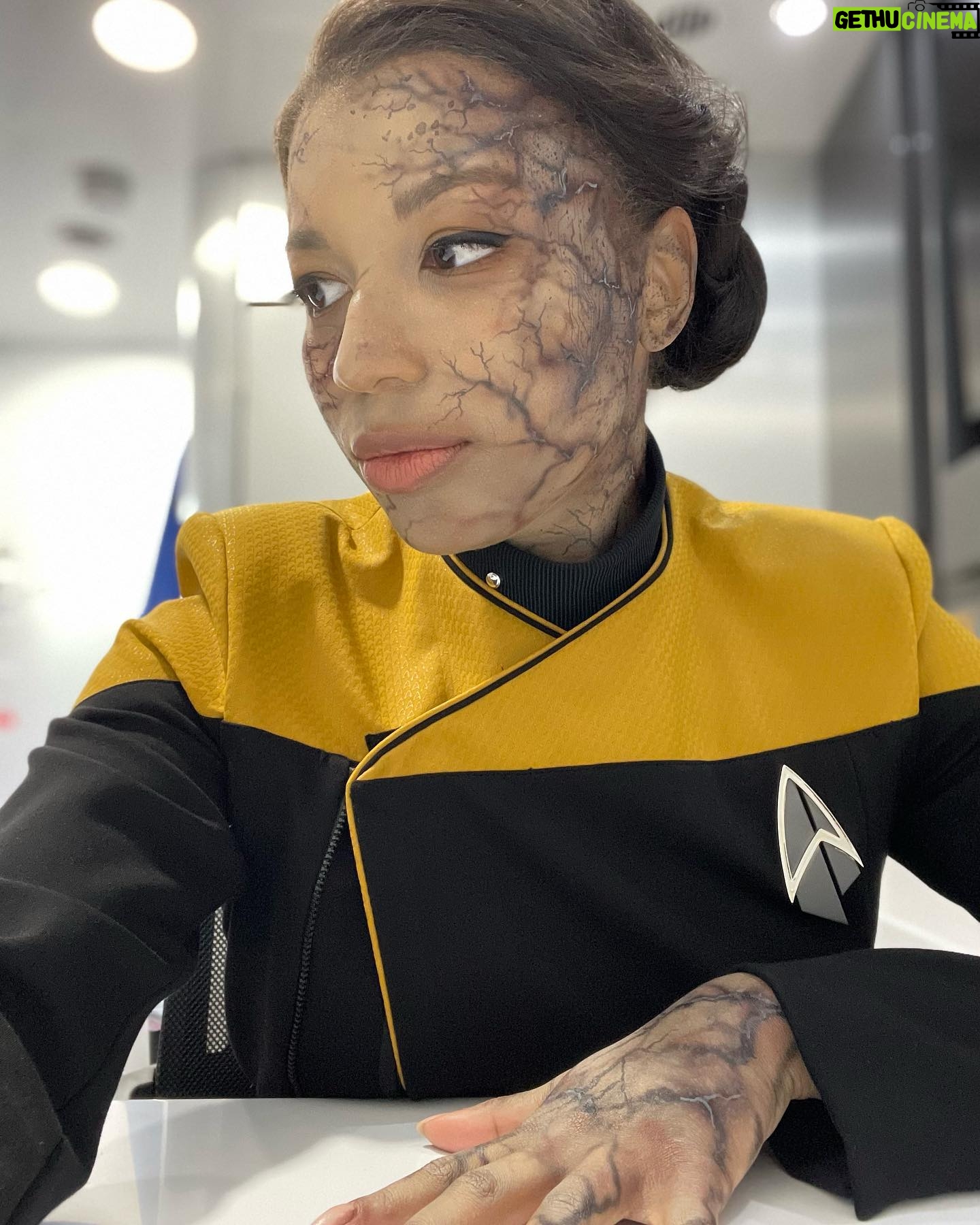 Mica Burton Instagram - ⚠️ PICARD SPOILER ALERT ⚠️ I just wanted to make an appreciation post for @hannyeisen and the Star Trek makeup team. This was my first time in full sfx in my professional career, and they all made the daily 3-4 hour process fly by! I also learned so much about adding depth to sfx makeup and felt so taken care of with hot towels and face masks after a long day in drying makeup. So here’s some snaps of my borgification! 💫📸