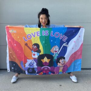 Michaela Dietz Instagram - AHHHH! proud ally here…@cartoonnetworkofficial gifted me this Steven Universe Pride banner! THANK YOU! can’t get enough of it - and of all of you! AND YOUR AUTHENTIC SELVES! 무지개 and 사랑 forever and ever and ever mmmmmkay