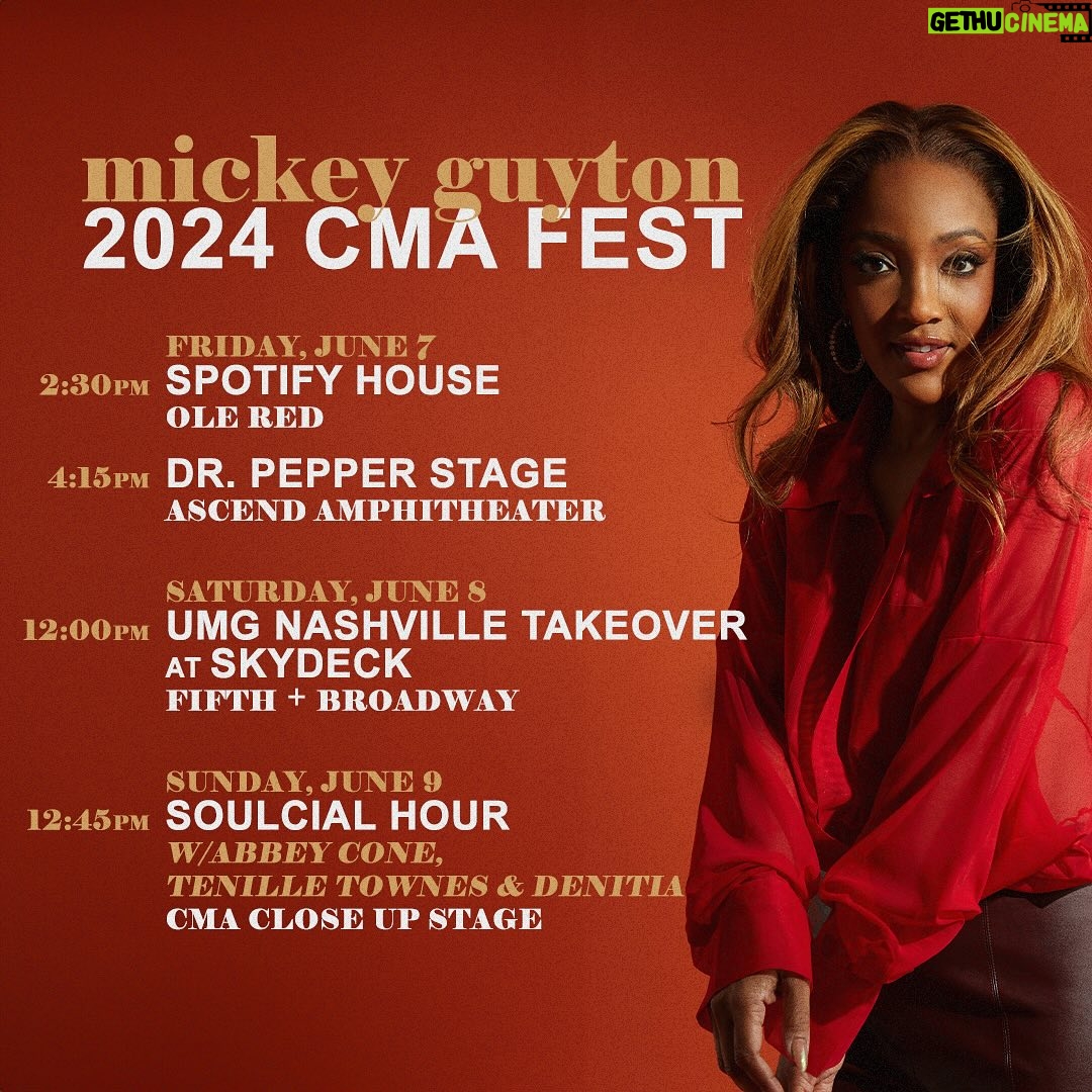 Mickey Guyton Instagram - If you’re wondering where I’ll be during #CMAFest, wonder no more! Here’s my full schedule, I can’t wait to see so many of you this week! Let me know in the comments if you’re coming and what songs you want to hear. ✨