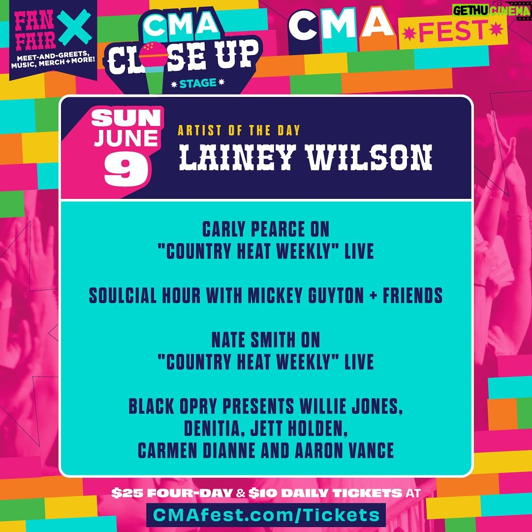 Mickey Guyton Instagram - Who’s coming to Nashville for #CMAFest? It will be here before we know it! ✨ See y’all Friday, June 7th at 4:15 pm on the Dr. Pepper Stage. Get downtown early and catch me before that at @hotcountry #SpotifyHouse at 2:30 pm. On Sunday, June 9th at 12:45 pm, I can’t wait to be joined on the @cma Close Up Stage for my Soulcial Hour with @abbeycone, @tenilletownes and @denitiadenitia. Mark your schedules, see you soon! ❤️