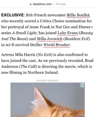 Mila Harris Instagram - 🎥 Thrilled to join this amazing cast. 🤗 This movie is going to be EPIC! 🎬 Coming soon 🌎💔 #worldbreaker #worldbreakermovie 

@deadline @1milaharris @billieboulletofficial @millajovovich @thereallukeevans 

@paradigmtalentagency @completemanagementgroup