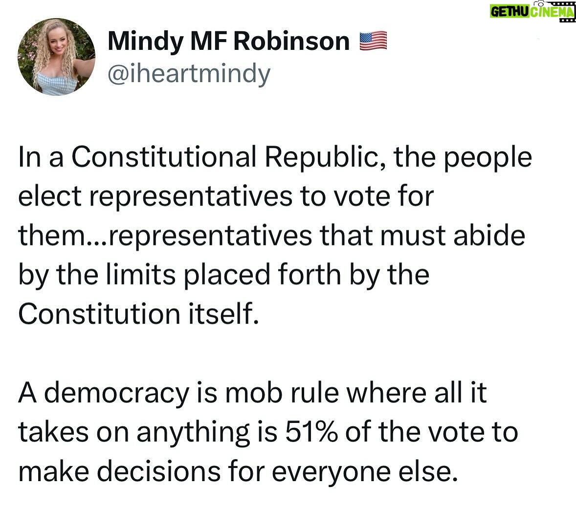 Mindy Robinson - 2.2K Likes - Anytime some talking head starts yapping about something being a "danger to our democracy" instead of pointing out that we're actually supposed to be a Constitutional Republic...that's how you know you're talking to some mockingbird media Deep State goon.