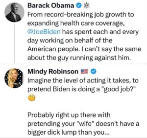 Mindy Robinson Instagram - Hey everyone that was so "pro-Obama"....

You see this bullshit now? You see what we were trying to say about this douchebag wanting to destroy this country with a smile?

Anybody that would lie to your face about Biden and the fake "wonderful" job he's doing...is Deep State.