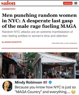 Mindy Robinson Instagram - Black men have been punching white women in the face all over NYC on video...and apparently it's still somehow my fault... 🧐 Funny how there's no dragnet to catch these violent assailants like there was for flag waving J6 grandmas.