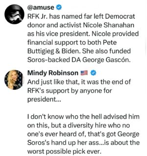 Mindy Robinson Instagram - It's good news in the way it means his presidential run is over, and they can't use the excuse RFK is splitting conservative votes so Biden wins.

Especially given that if he gets assassinated, which is highly probable given the Feds killed two of his family members already and still refuse to give him security...that George Soros b*tch will become president as VP.

I still don't see how they can let the election happen in November anyway, because the rig is going to have to be too ridiculous for anyone to not notice...
