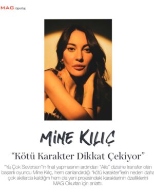Mine Kılıç Instagram - MAG/ Kasım 2023  @magdergi ❤️

Röportaj: Gözde Yılmaz @gozdelicious
Fotoğraf : @yurtbayenes
Styling: @seebe.İstanbul 
Styling: @sanarangrazz
Menajer: @buketkahramantm @buketkahraman
Basın Pr: @bgprajans @begkilic @nureriskuran