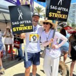 Minnie Driver Instagram - Me and Stults hit the picket line in support of our union and the Writers Guild Of America. Such a huge inflection point in our industry, really good to meet and chat with a few people who’ve been walking the lines since day 1. #sagaftra strong #wgastrong @geoffmstults