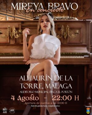 Mireya Bravo Instagram - ¡SORPRESA!
Tenemos una cita el 4 de Agosto en Alhaurín de la Torre (Málaga) en el Auditorio Municipal Finca el Portón.
Un orgullo empezar la gira en mi pueblo, y con muchísimas ganas e ilusión de volver a los escenarios.

Sólo queda un mes.

¡Os espero!

@airmusicspain @airmusic.tour 

________

👗 @mariamolinamoda 
💄 @beautyby.laurapacheco 
📸 @javiernunezfotografia 

#MireyaBravo #work #sing #malaga #music #style
