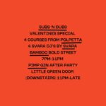 Molly McCann Instagram – This time next week we’ll be laying it down for the lovers on a special Valentine’s Subs ‘N Dubs event.
Grab your tickets for this special 4 course sit down via the @skiddleuk link in our bio or over at @polpetta_liverpool and @bamboobrunchandcocktails
4 Courses of food
4 Courses of DJs
And a special after party in the basement curated by @pimpgin