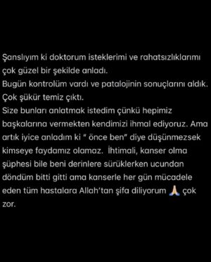 Mona Çalış Instagram - Burdayım, ayaktayım 😌 

Deneyimlerimi, yaşadıklarımı sizlerle paylaştım. 
Sağlığınıza ve mentalinize dikkat etmeniz dileğiyle 🙏🏼

Her şartta her zaman tüm hassaslığıyla yanımda olan sevdiğim adam @burcancls a ve tüm aileme, ailemden ayrı olmayan can dostlarıma ve destek olan, moral veren her kese, doktorum Melek Çiçek Aydın’ a ve tüm @adatiphastanesi ekibine çok teşekkür ediyorum. 
İyi ki varsınız 🤍
