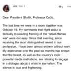 Mona Chalabi Instagram – 1. Columbia university, October 19, 2023 (I left the ceremony early)
2. An email to the President of Columbia, sent March 2, 2024 (she did not reply)
3. A student protester at Columbia, April 18, 2024 via Tarik_Endale on Twitter
4. An article from YDSA, November 20, 2023

Solidarity with the brave students of Columbia 🖤