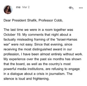 Mona Chalabi Instagram - 1. Columbia university, October 19, 2023 (I left the ceremony early)
2. An email to the President of Columbia, sent March 2, 2024 (she did not reply)
3. A student protester at Columbia, April 18, 2024 via Tarik_Endale on Twitter
4. An article from YDSA, November 20, 2023

Solidarity with the brave students of Columbia 🖤