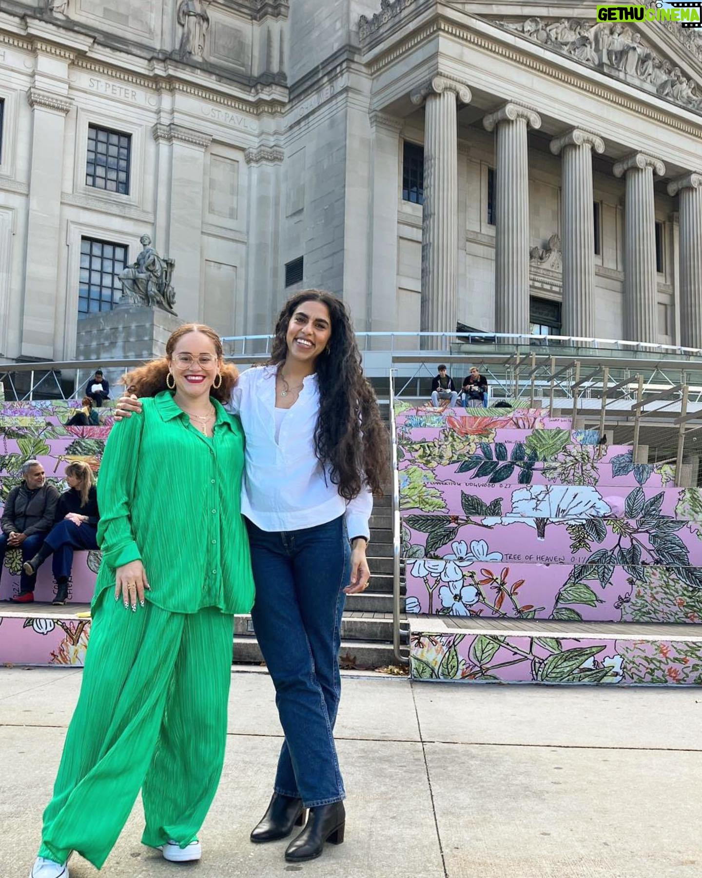 Mona Chalabi Instagram - It’s the last weekend to see this exhibition all about the power of trees (it held up so well throughout the changing seasons, even longer than we thought it would). More green, more pink, more art next year. I'm so grateful to the installation crew, the entire team @brooklynmuseum @who & @culturunners but especially @cch1qu1taa who was the best curator an artist could hope to work with.