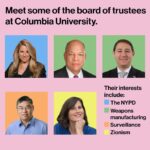 Mona Chalabi Instagram – At least five of the 21 members of Columbia’s board seem to have a personal interest in crushing student protests (a reminder: students are demanding that their university divest from Israeli genocide and the occupation of Palestine).

Some other notes:
• Although he’s the cousin of Penny Pritzker (she’s on the board at Harvard, forced Claudine Gay out of her job) and nephew of Governor JB Pritzker (said he stands “unequivocally” with Israel), I didn’t include Columbia trustee Adam Pritzker here. Interestingly though, Adam appears to have only one online account which is on Cellar Tracker, a site for wine lovers. On April 21, a few days after the NYPD had begun their crackdown on peaceful protests at Columbia, Adam was reviewing a white wine noting its “nice bouquet of citrus and melon”. The wine producer, “Yatir Creek” is an Israeli producer that operates out of Israeli settlements on Palestinian land. 
• Some students have claimed that HEICO is part of Columbia’s endowment. The first demand made by SJP is for transparency because it’s not clear what the university has invested in.
• Jeh Johnson is also the former Secretary of Homeland Security.
• And lastly, if you don’t think that the use of AI and surveillance in Israel is frightening, please read reporting from Spencer Ackerman about how autonomous systems have been used by the Israeli military to fire on Palestinian civilians. 

Sources: All public records, including trustee bios on the Columbia website.