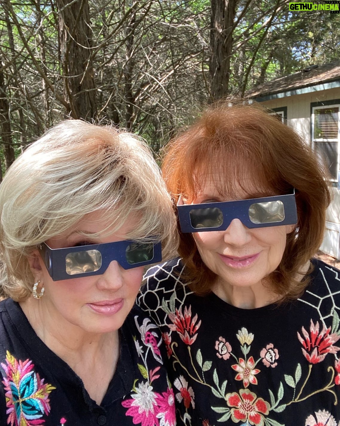 Morgan Fairchild - 1.1K Likes - #OnMyWalk to see the #Eclipse with @cathrynhartt ! We didn’t get full eclipse at Lake Texoma, but it was definitely twilight, temperature fell & breeze came up. We only had tiny sliver of sun left. And the nearby rooster crowed! Sending Celestial Love To You All💗🌘💗🌷💗🎉💗🥰💗🦋💗🌘💗🌷💗🎉💗🥰💗🦋💗🌘💗🌷💗🎉💗🥰💗🦋💗