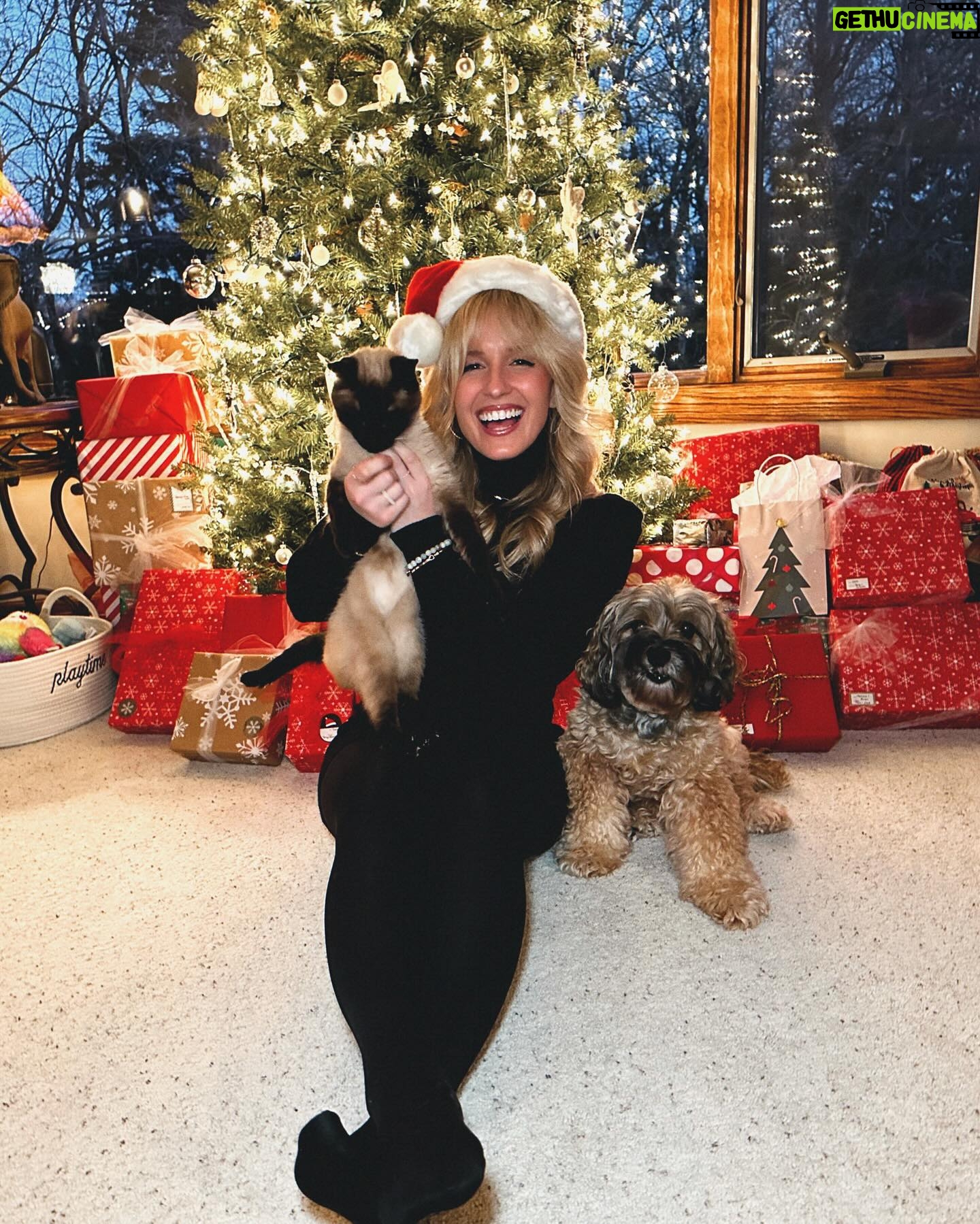 Morgan Huelsman Instagram - our first family picture since Hazel’s adoption (do you know how hard it is to get a pic with a cat?!?!) & her very first Christmas with us!! 🥹 Remi being adorable, per usual. merry christmas && happy holidaysssss