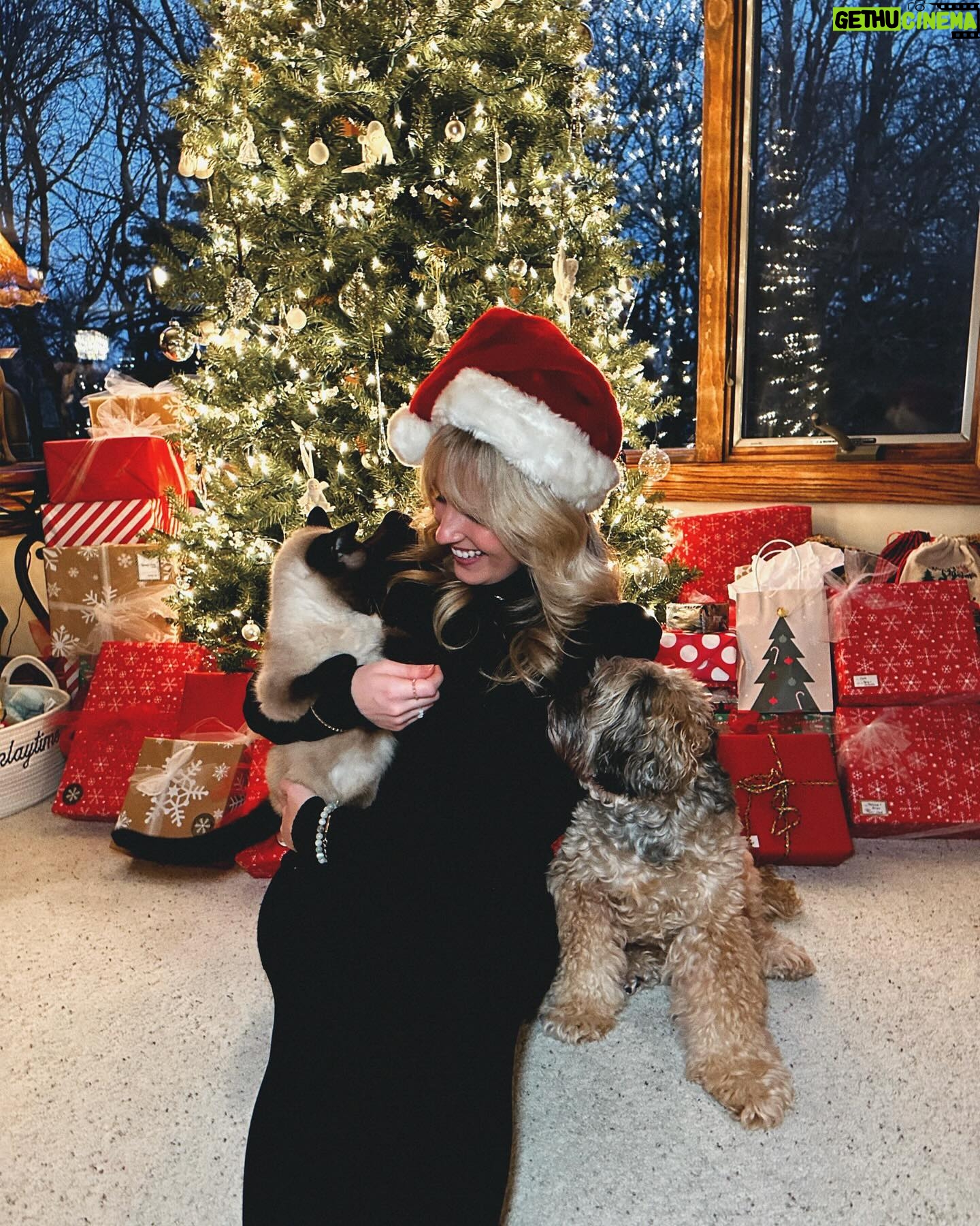Morgan Huelsman Instagram - our first family picture since Hazel’s adoption (do you know how hard it is to get a pic with a cat?!?!) & her very first Christmas with us!! 🥹 Remi being adorable, per usual. merry christmas && happy holidaysssss