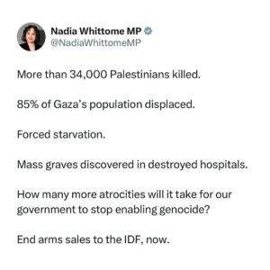 Nadia Whittome Instagram - More than 34,000 Palestinians killed.

85% of Gaza’s population displaced.

Forced starvation.

Mass graves discovered in destroyed hospitals.

How many more atrocities will it take for our government to stop enabling genocide?

End arms sales to the IDF, now.