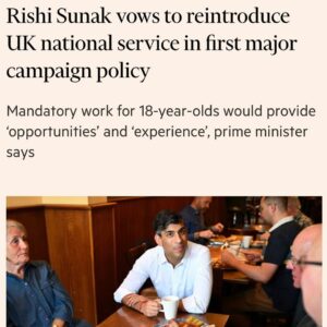 Nadia Whittome Instagram - Rishi Sunak wants to bring back national service for 18-year-olds. 

What young people need:

✅ Affordable housing
✅ Decent pay
✅ High quality education that doesn’t come with massive debt
✅ Action on the climate crisis

What they don’t need:

❌ To be forced to join the army or do unpaid work, on top of all their other responsibilities.
