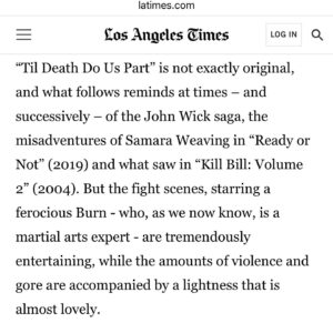Natalie Burn Instagram - LA TIMES has given LOVE ❤️ to ‘Til Death Do Us Part’ Movie. NOW STREAMING 🎥🤩 Thank you @latimes for this amazing review 🍅 @rottentomatoes #natalieburn #tildeathdouspart #killbill #johnwick