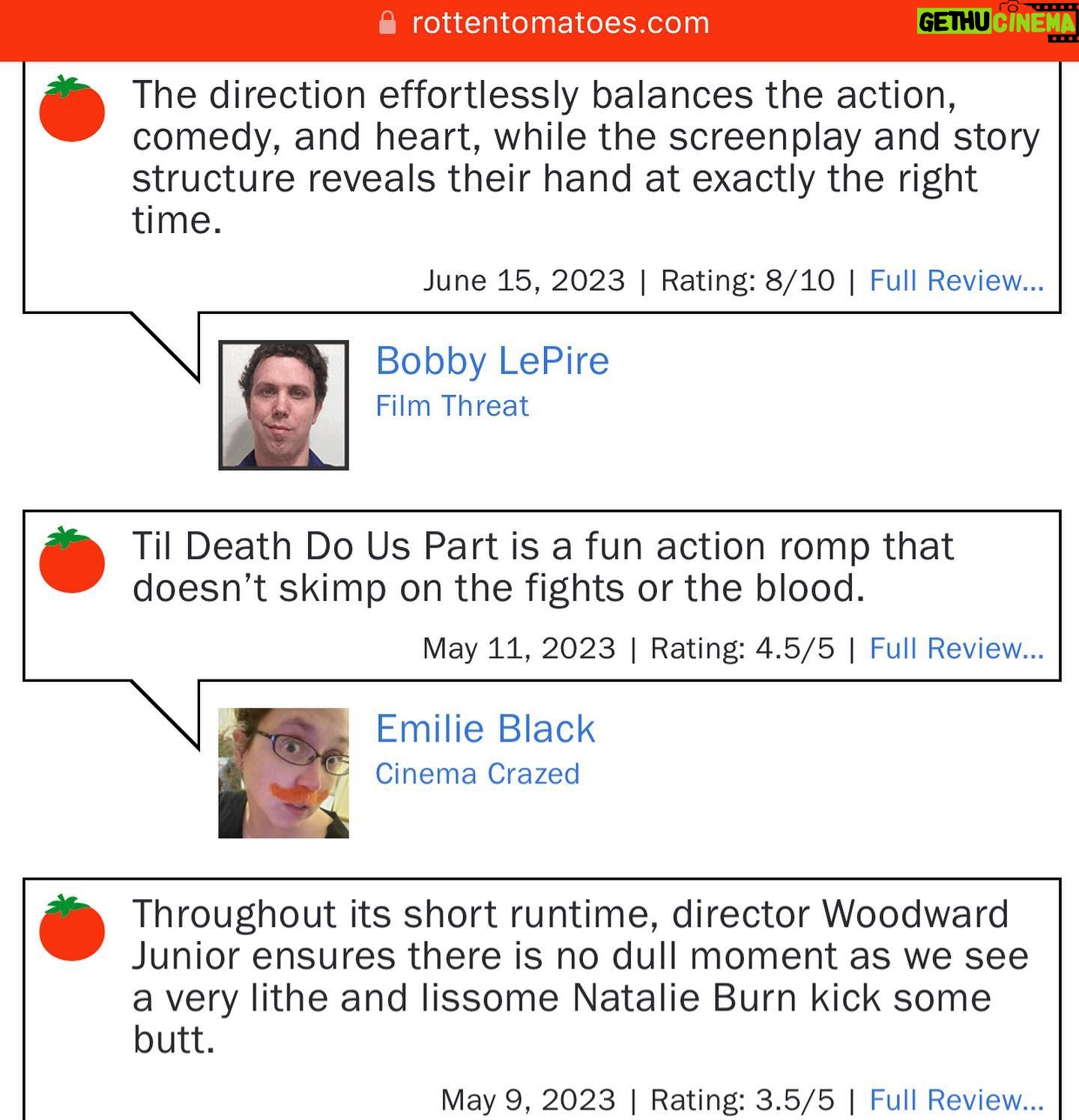 Natalie Burn Instagram - My Movie “Til Death Do Us Part” is at 100% Fresh on Rotten Tomatoes 🍅🍅🍅🍅🍅 Who is excited to Watch it Exclusively in Theaters Nationwide August 4th?😍🔥🔪🌺Thank you so much to all the reviewers for all the positive reviews: 😃🥳❤️🎥 @rottentomatoes 💯 Film Threat: “The Bride has to vary her fighting styles depending on which groomsmen she’s battling. This keeps things feeling fresh and fun. The director also maintains the proper balance between the comedy, action, and romance, which is crucial for the ending to work. The cast of Til Death Do Us Part also do an excellent job. Burn is terrific, playing the love for the Groom authentically while also selling her worry for their future together.” Review Ron: “The actress slickly performs the relentless and bloody action in a bridal gown without ever looking overwhelmed. It’s easy to root for this bridezilla, who knows how to give it back to pompous and chauvinistic men.” “There is no dull moment as we see a very lithe and lissome Natalie Burn kick some butt. It seems like the makers have drawn inspiration from classics like ‘Kill Bill’ and ‘Mr and Mrs Smith’ and it’s been put to some very good use here. Natalie Burn is in top form as she manages to tackle her enemies, one brutal blow at a time.” Eye for Film: “Burn has the force of personality necessary to keep viewers on side, and she has the moves. A wedding gown cut to show off long legs nicely frames them as they throttle an enemy or kick another in the face. She delivers some flips and rolls which are positively balletic and which keep us guessing as to the outcome of even the most perilous-looking situations, her fight with DY Sao is a thing of beauty.” Cinema Crazed: “Burn here gives a strong performance and shows strength in her fight scenes, kicking people right in the head at times, showing the audience that she’s one to watch for in more action films in the future (and go pull her previous ones).” Projected Figures: "Timothy Woodward Jr.’s feature is set in a world of pure genre – think Quentin Tarantino’s Kill Bill diptych (featuring its own Bride) exchanging vows with Chad Stahelski’s John Wick films."