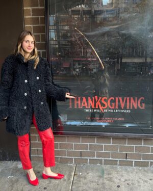 Nell Verlaque Instagram - Can’t tell if my mom is taking a selfie or is very proud of me. Either way, I hope you feel embarrassed for me and come see @thanksgivingmovie :)