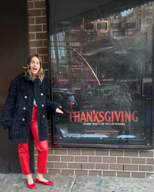 Nell Verlaque Instagram - Can’t tell if my mom is taking a selfie or is very proud of me. Either way, I hope you feel embarrassed for me and come see @thanksgivingmovie :)