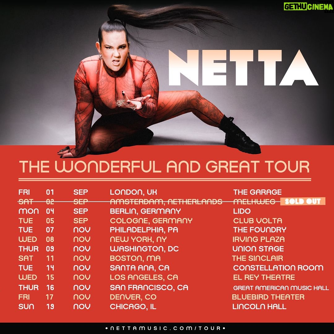 Netta Instagram - The WONDERFUL & GREAT TOUR is just around the corner and Amsterdam is SOLD OUT !! Link in bio to snag your tickets for the rest of these wonderful and great shows. πππCanβt wait to see all of your gorgeous faces and sing our lungs out !!!