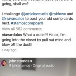 Nia Vardalos Instagram - Swipe! Challenge accepted @johnstamos and even though I don’t have a comp card because I wasn’t a teen idol like you, my head was. I challenge my comedy idols @princesstagram & @raedratch to find your own hair band days headshots and post your best composite!! #stamoscompcard #jamieleecurtis #roblowe #johnstamos