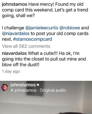 Nia Vardalos Instagram - Swipe! Challenge accepted @johnstamos and even though I don’t have a comp card because I wasn’t a teen idol like you, my head was. I challenge my comedy idols  @princesstagram & @raedratch to find your own hair band days headshots and post your best composite!! #stamoscompcard #jamieleecurtis #roblowe #johnstamos