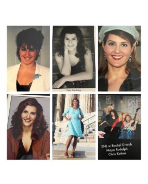 Nia Vardalos Instagram - Swipe! Challenge accepted @johnstamos and even though I don’t have a comp card because I wasn’t a teen idol like you, my head was. I challenge my comedy idols  @princesstagram & @raedratch to find your own hair band days headshots and post your best composite!! #stamoscompcard #jamieleecurtis #roblowe #johnstamos
