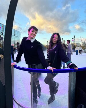 Nicole Kang Instagram - Smelling like a ginger biscuit w/ @jomalonelondon Ty for taking me out of ⛸️⛸️retirement for such a beautiful day ❄️🥂
#jomalonexglide #jomalonelondonxglide