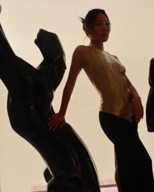 Nicole Kang Instagram - Really and truly. I am inspired. I am grateful. Kept looking around all night like 🤯 
Thank you @mptf for a beautiful night before the Oscars 
And the TEAM that makes it happen for me 
@anatanaka 
MUP @linamourey 
Hair @grahamnation 
Wearing: @dolongofficial 
@sterlingforever 
@camillagabrieli 
@simitri.shop