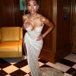 Nicole Beharie Instagram - Clive Davis @nikkibeharie Dress @liastubllaofficial earrings , braclet, and ring @sifjakobsjewellery, ear cuff @idyl bag @zaamofficial .