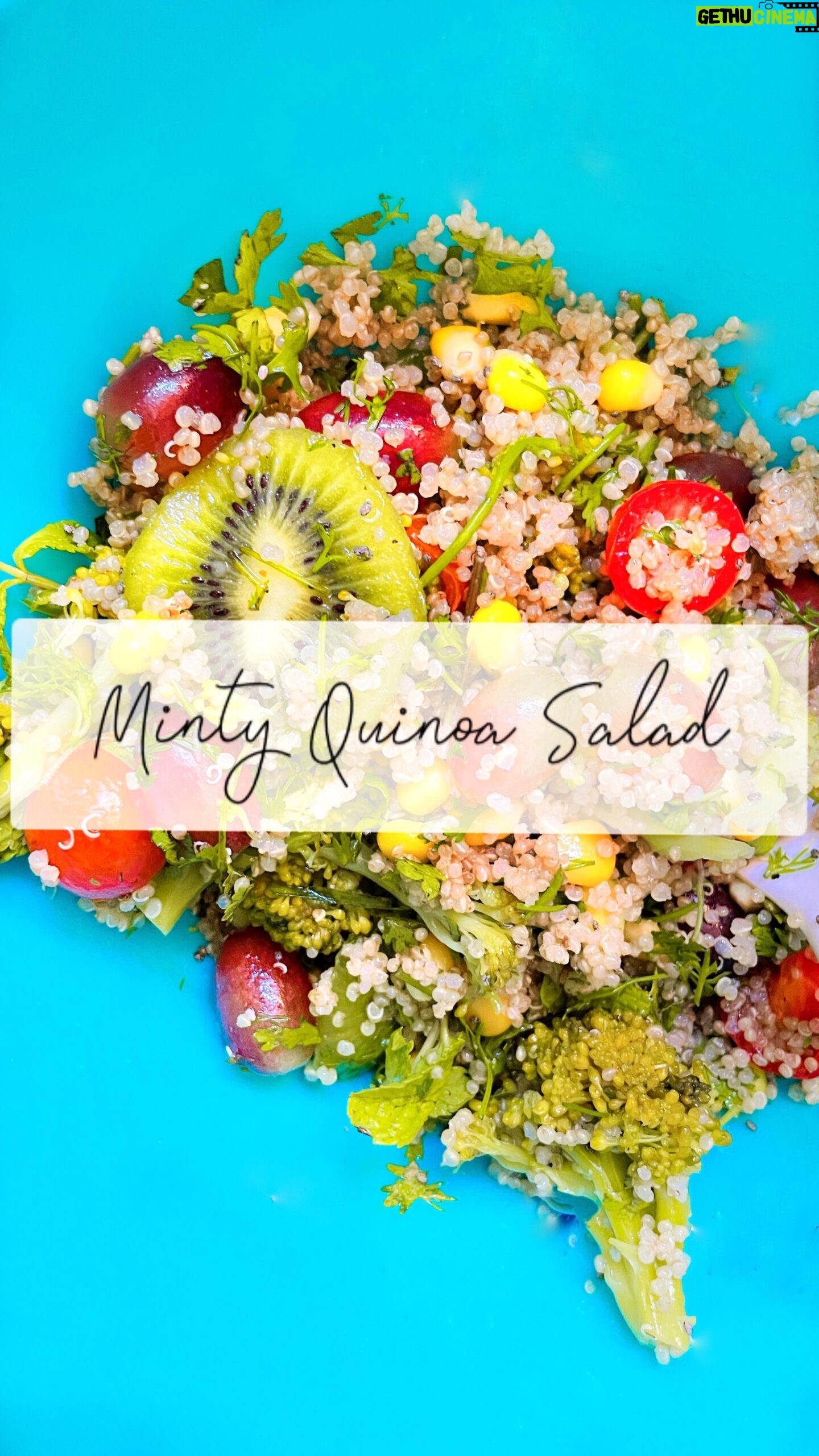 Nidhi Uttam Instagram - Minty Quinoa Salad🥒🥝🥬🥗 Super easy & quick recipe you won’t be able to resist😋 Recipe 🥬 •Add some boiled quinoa to a bowl. •Add steamed corn & broccoli . •add chopped cherry tomatoes • add your fav fruits Add mint & coriander leaves •for the dressing add lime juice in 1 spoon olive oil with rock salt, black pepper & lil honey. Mix all the above nicely & enjoy the healthy super yummy salad🥗😝 Let me know how u liked the recipe 😍