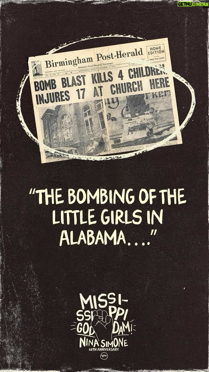 Nina Simone Instagram - This year marks the 60th anniversary of “Mississippi Goddam” Nina Simone was compelled to write her first civil rights / protest song following both the bombing of the 16th Street Baptist Church in Alabama which killed four Black girls and the assassination of civil rights leader Medgar Evers in Mississippi. On 3/21 please join us over on the official Nina Simone YouTube channel for the premier of a mini-documentary that explores the history and importance of “Mississippi Goddam.” #ninasimone #mississippigoddam