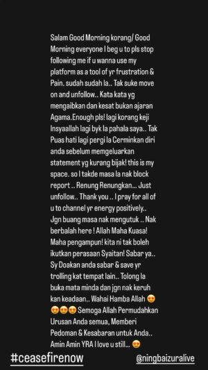 Ning Baizura Instagram - Fight for the Right Cause Pls #ceasefirenow🇵🇸 Semoga Allah Permudahkan Segala Urusan Anda dan I pray 🙏🏾 for all of u and our brothers & sisters who’s fighting for their lives,  Let’s be more CIVILIZED be more Human , Spread Kindness & Awareness. Sabar ya! MasyaAllah Terus Terang I pray 🤲🏽 for us to be united. I love u all! And doakn yg terbaik utk anda semua Aaamin! #savepalestine