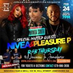 Nivea Instagram – What’s up Jonesboro!

Come be apart of R&B Thursday with me and @pleasurep this Thursday @nouveaubaratl ! 

Call 678-986-3976
Powered By @mr50millionviews 
it’s an R&B Thursday thang ✨