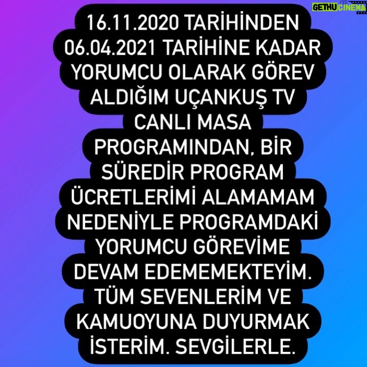 Nurseli İdiz - 0.9K Likes - 16.11.2020 tarihinden 06.04.2021 tarihine kadar yorumcu olarak görev aldığım Uçankuş TV Canlı Masa programından, bir süredir program ücretlerimi alamamam nedeniyle programdaki yorumcu görevime devam edememekteyim. Tüm sevenlerim ve kamuoyuna duyurmak isterim. Sevgilerle.🌺🙏🏼❤️ #kamuoyu #türkiye #adalet #hukuk #sanat #tv #türkiyecumhuriyeti #hakhukukadalet