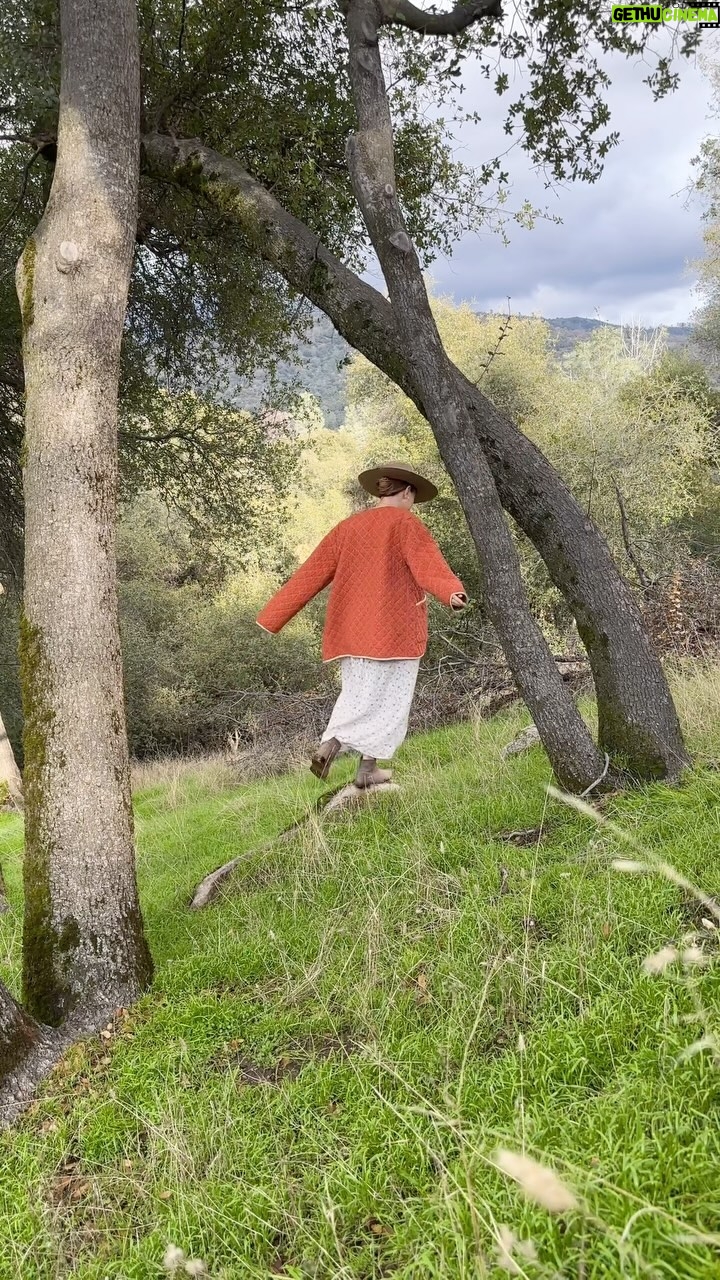 Olesya Rulin Instagram - It stopped raining in Yosemite for 20 min so clearly I ran outside in my @christydawn regenerative Lou Lou jacket ( it’s reversible making it 2 jackets in 1) and Dawn Dress to frolic in the meadow. I love @christydawn because they have married sustainability with looking chic. Head to @christydawn to learn more about how you can become a land steward and actually GROW the dress you wear. I’m happy to share my code 15OLESYARULIN at checkout My hat is from @waterandbird and it’s 5 years old. Looks brand new and I’m always amazed at the quality and intention behind it.