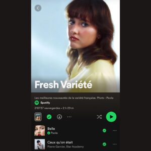 Paola Perrin Instagram - Pincez-moi je rêve ? 🫣 Une semaine après la sortie de Belle je me retrouve en couverture de la playlist Fresh Variété 🥲
Merci à vous c’est en grande partie grâce à la force que vous donnez à Belle 🧡 Et évidemment un grand merci à @spotifyfrance !! 🙏🏼

@gabrielleriouah 📸
