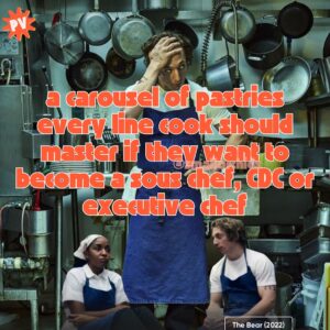 Paola Velez Instagram - As a line cook have you ever wondered what other skills and techniques you need to learn to grow in the kitchen? There isn’t a direct ladder to sous, CDC or even executive chef except right place and time or interviewing until your socks fall off. 

But as you’ve been trying to grow and learn I’m sure you have a I wanna be a chef check list: 
•if you have time to lean, you have time to clean. 
•what are the five mother sauces
•knife cuts are fast as fux boi! 
•use oui chef and soigné in a sentence multiple times during your shift

But one bullet point that is often over looked is the 
•what are the pastry basics that I need to learn so I’m able to create a full menu (including dessert). 
Swipe to see what I believe are good recipes to research and practice to grow your pastry skills. (Even if you’re not a line cook trying to level up). 

#chefskills #pastrychef #cheflife #carousel #pastrygram #thebearfx