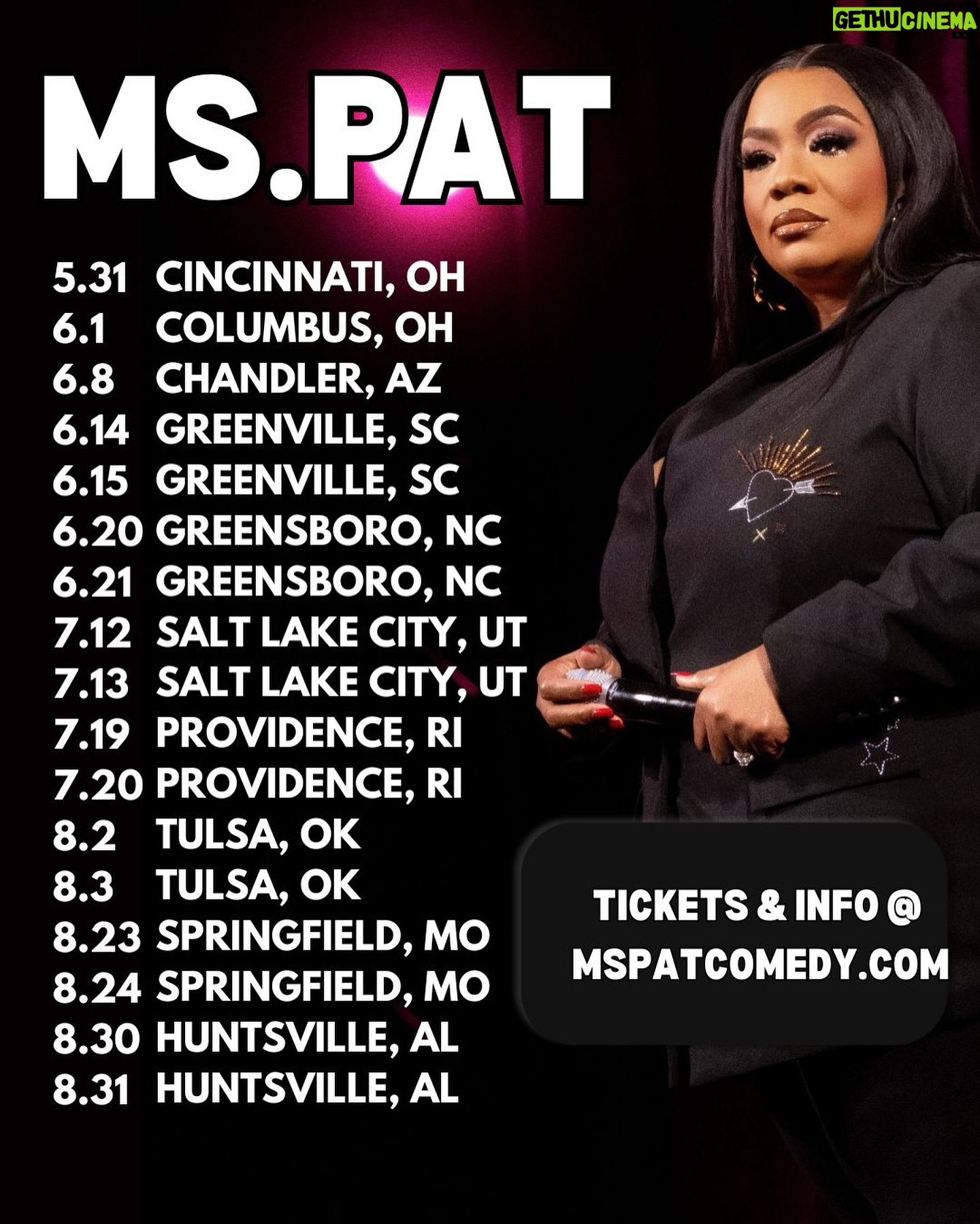 Patricia Williams Instagram - SWIPE ➡️ I’m on tour and working on a brand new hour for something special! 👀 Drop your city and I might come through! Tickets at mspatcomedy.com. 🔥NEW DATES BELOW: May 31 Cincinnati, OH Taft Theater June 1 Columbus, OH Southern Theater June 8 Chandler, AZ Gila River Resorts June 14-15 Greenville, SC Comedy Zone June 20-21 Greensboro, NC Comedy Zone July 12-13 Salt Lake City, UT WiseGuys July 19-20 Providence, RI Comedy Connection August 2-3 Tulsa, OK Bricktown Comedy Club August 23-24 Springfield, MO Blue Room Comedy Club August 30-31 Huntsville, AL Stand Up Live #TheMsPatShow #mspat #live #thingstodo #photodump
